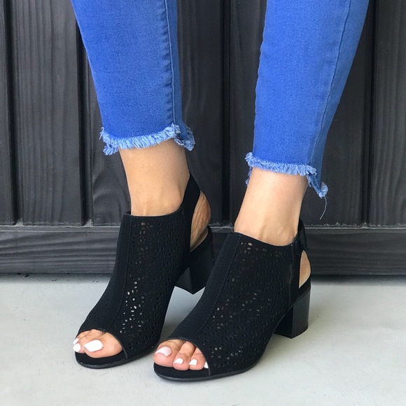 Black Floral Cut Out Perforated Peep Toe Shootie - Picture 5 of 7